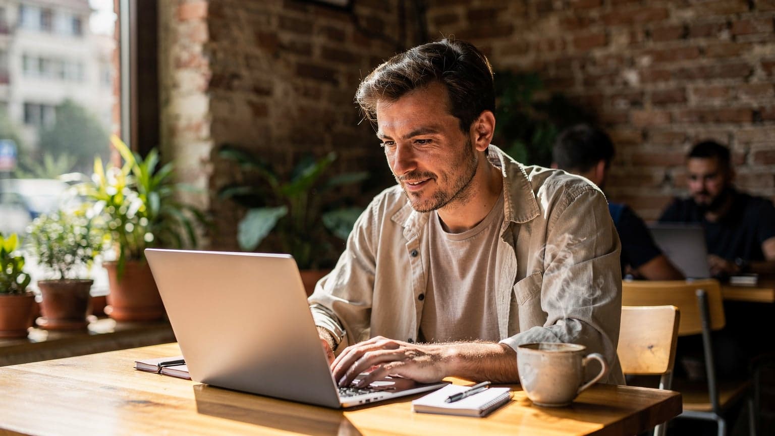 Eine Person sitzt in einem charmanten Café in Tirana, Albanien, und arbeitet an einem Laptop, während sie einen Kaffee genießt, ein Smartphone mit eSIM liegt daneben.