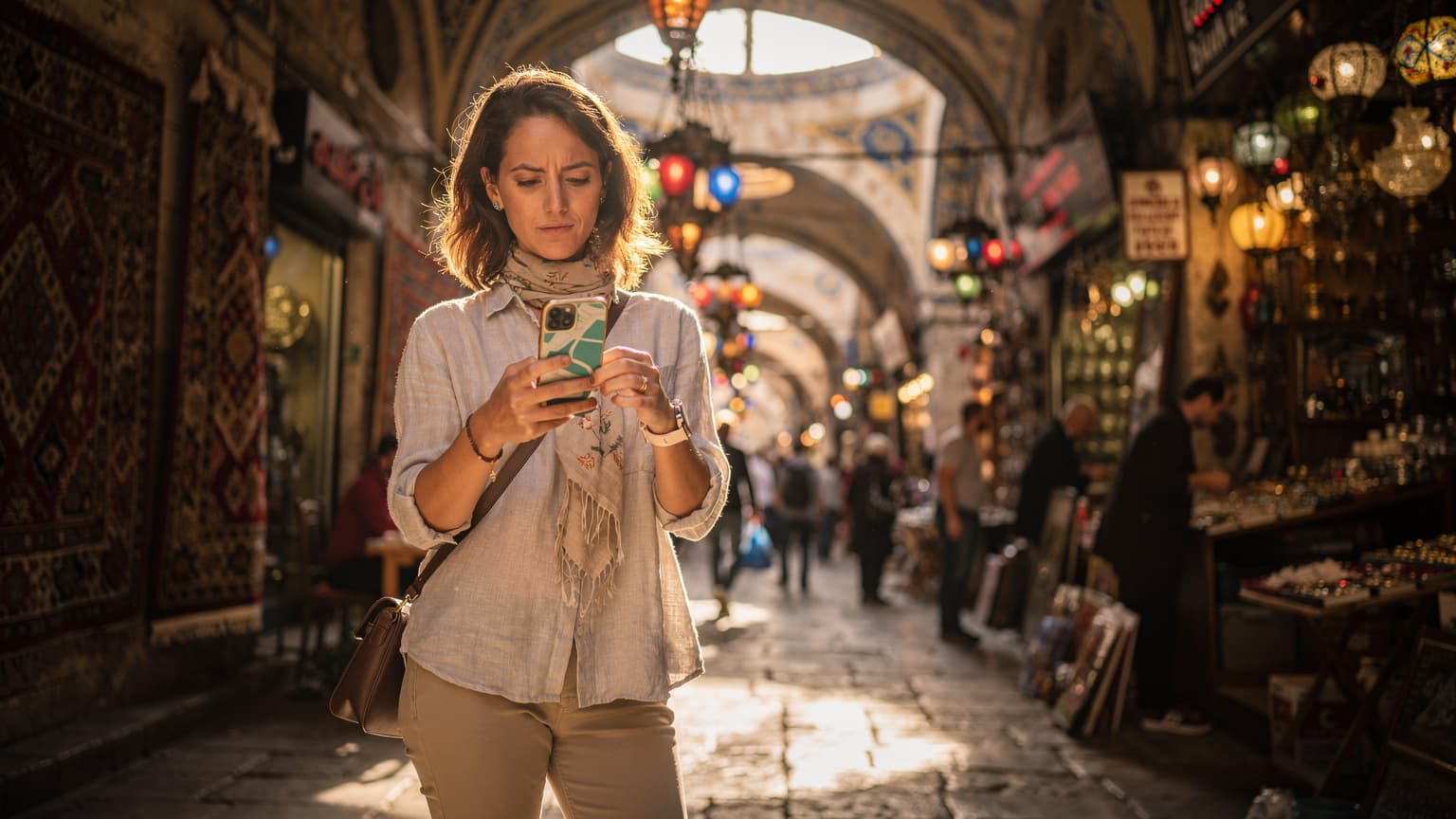 O tânără călătoare verifică harta pe telefonul ei, cu un fundal vibrant al Marelui Bazar din Istanbul, plin de culori și oameni, la apus.