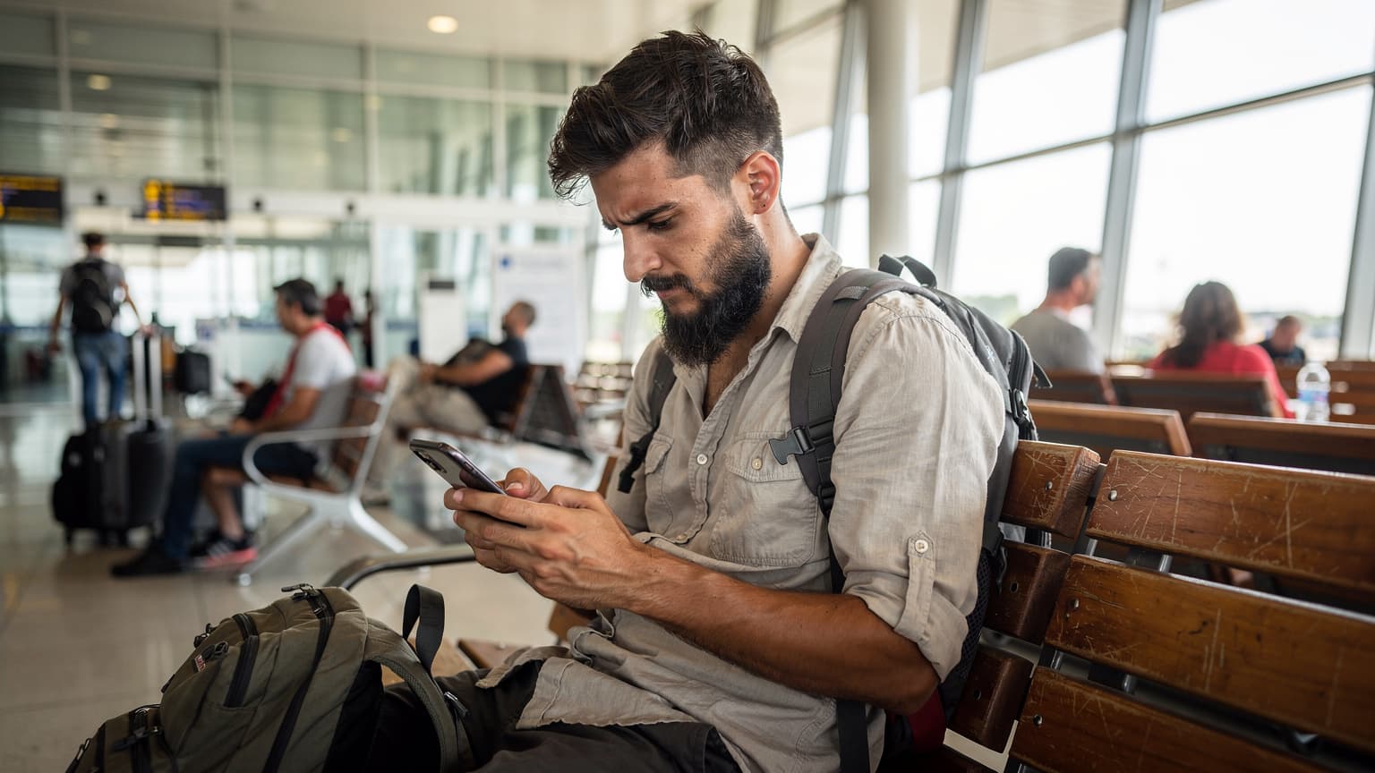 A budget backpacker carefully comparing eSIM plans on their smartphone while sitting on a worn wooden bench at the departure gate of Tirana International Airport.