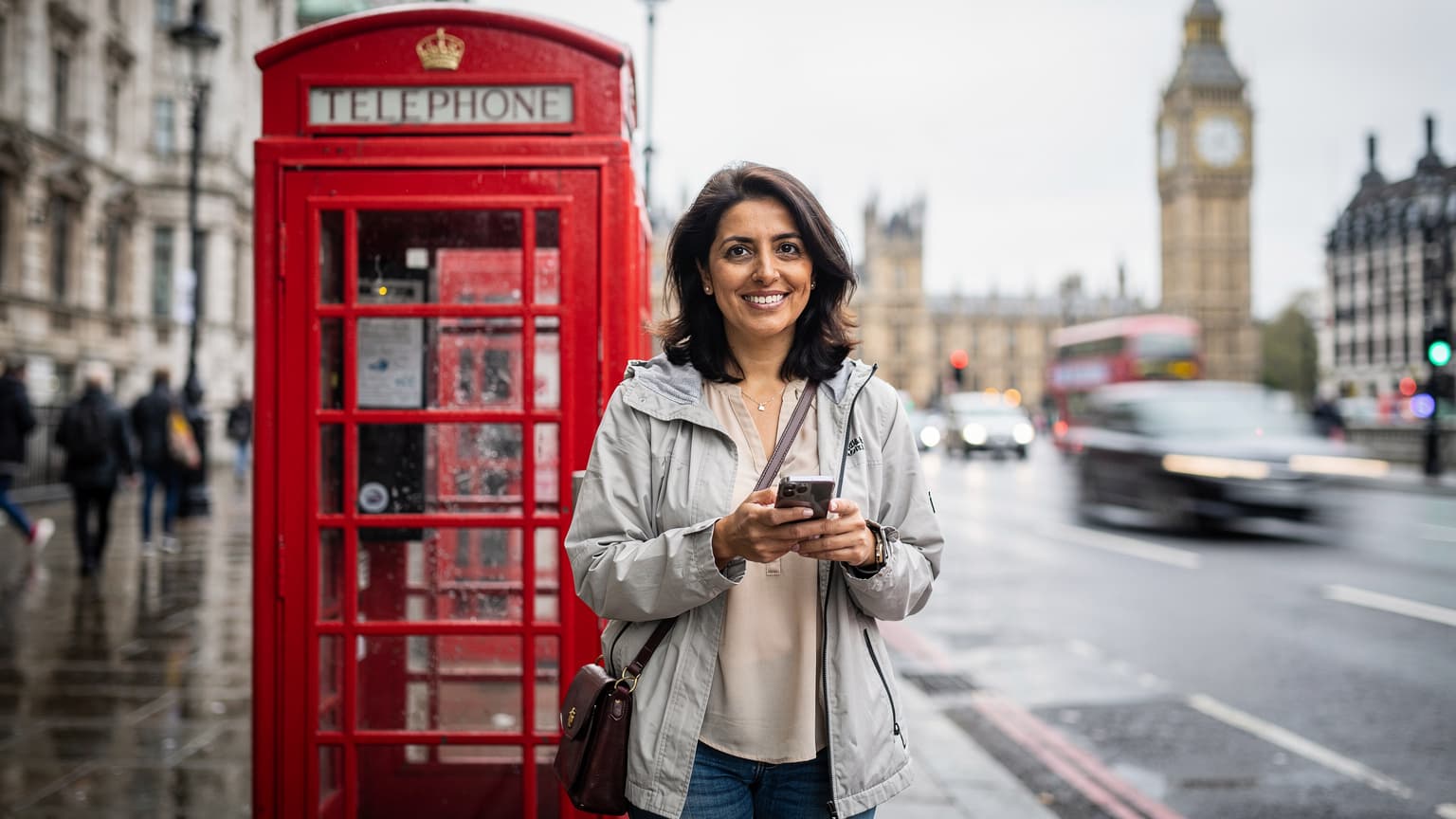 Londra'daki bir telefon kulübesinin önünde duran, elinde akıllı telefon tutan bir kadın, arka planda Big Ben'in silueti görünüyor.