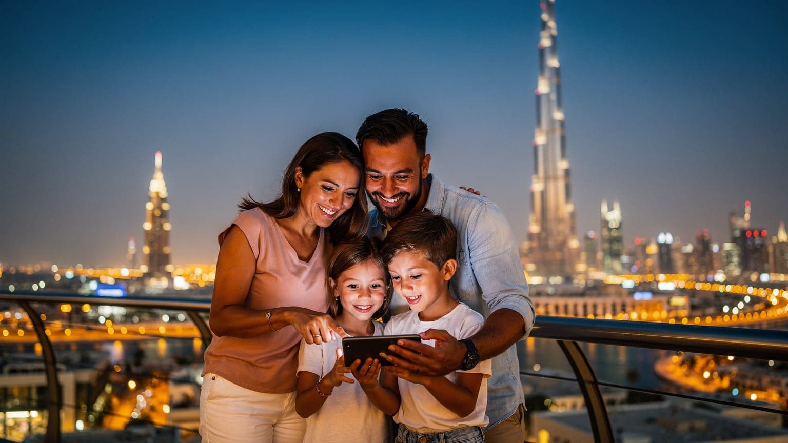 A family with two children, aged around 8 and 10, looking at a smartphone together, standing in front of the illuminated Burj Khalifa in Dubai at dusk, with the city lights sparkling behind them.