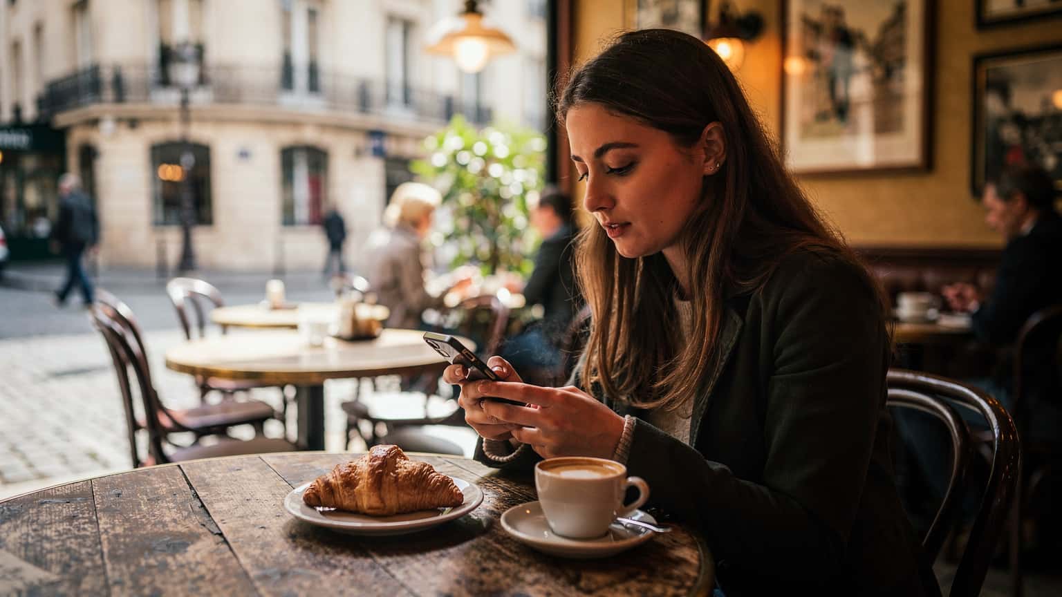Uma mulher jovem, com cabelos castanhos longos, sentada em um café movimentado em Paris, perto da Place de la Contrescarpe, olha para o celular enquanto um croissant e um café estão sobre a mesa de madeira.