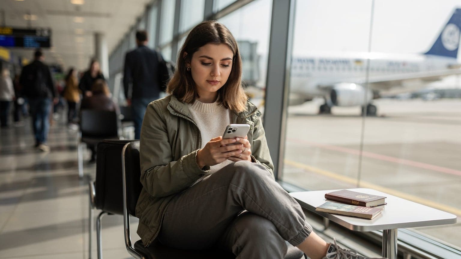 Жінка в аеропорту з телефоном, розглядає варіанти eSIM перед посадкою на літак.