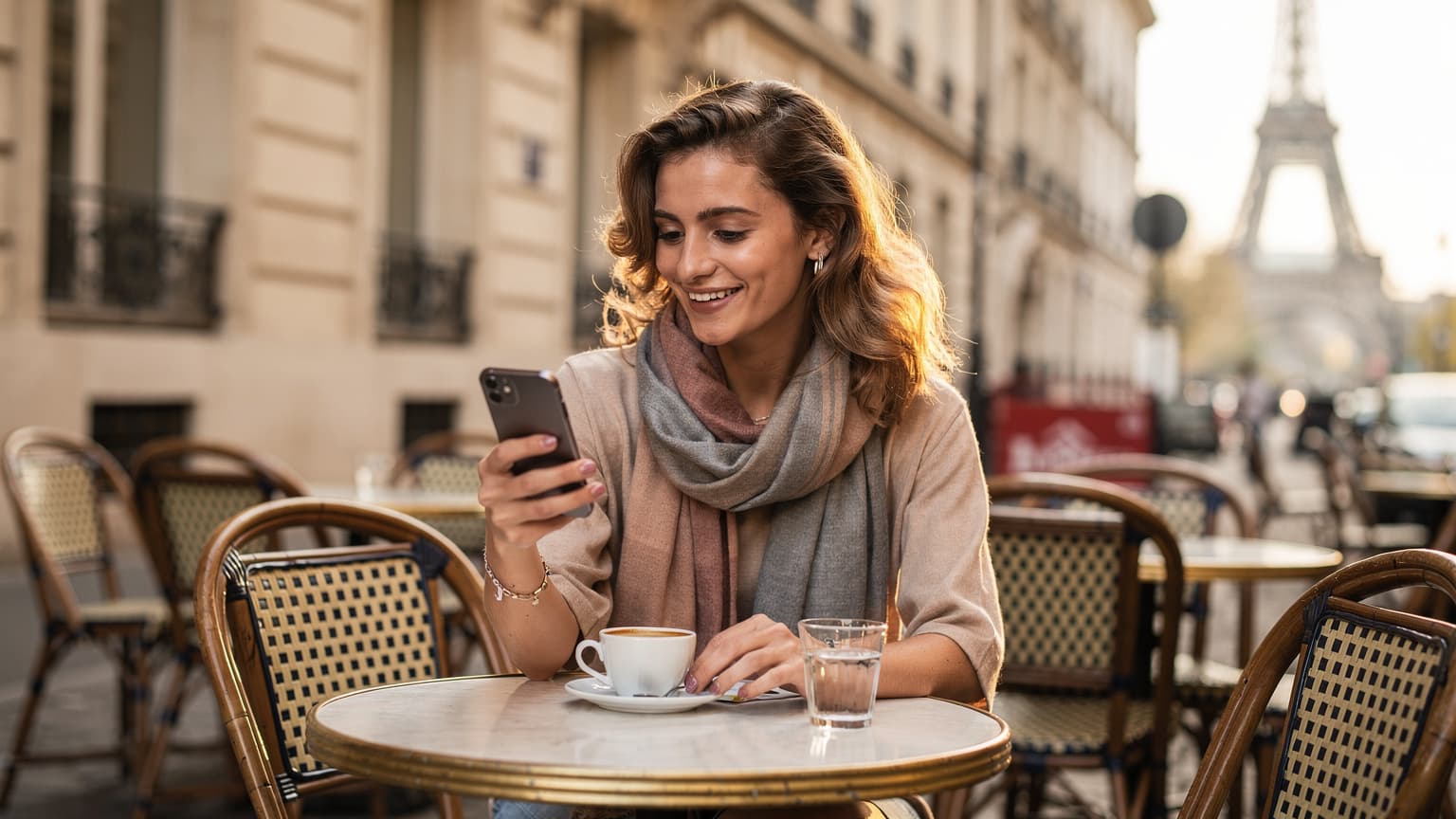 A person looking at their iPhone with a happy expression while sitting at a bustling outdoor cafe in Paris, with the Eiffel Tower visible in the background, suggesting seamless connectivity.