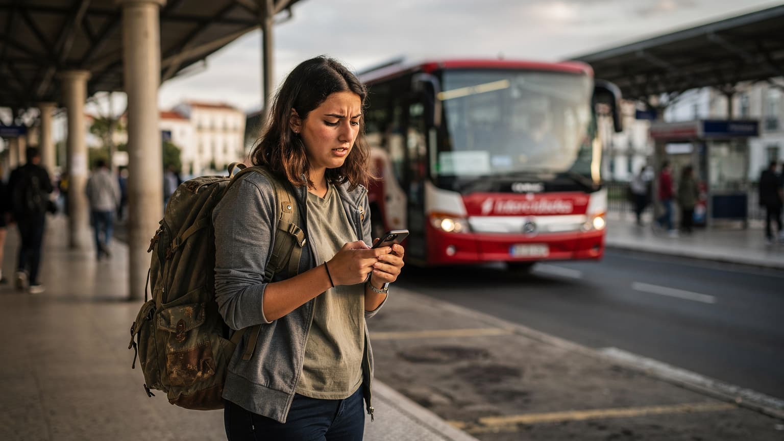 En ung kvinde med en rygsæk og en smartphone tjekker sin telefon for dækning ved en busstation i Lissabon, Portugal, mens en Intercidades-bus venter i baggrunden.