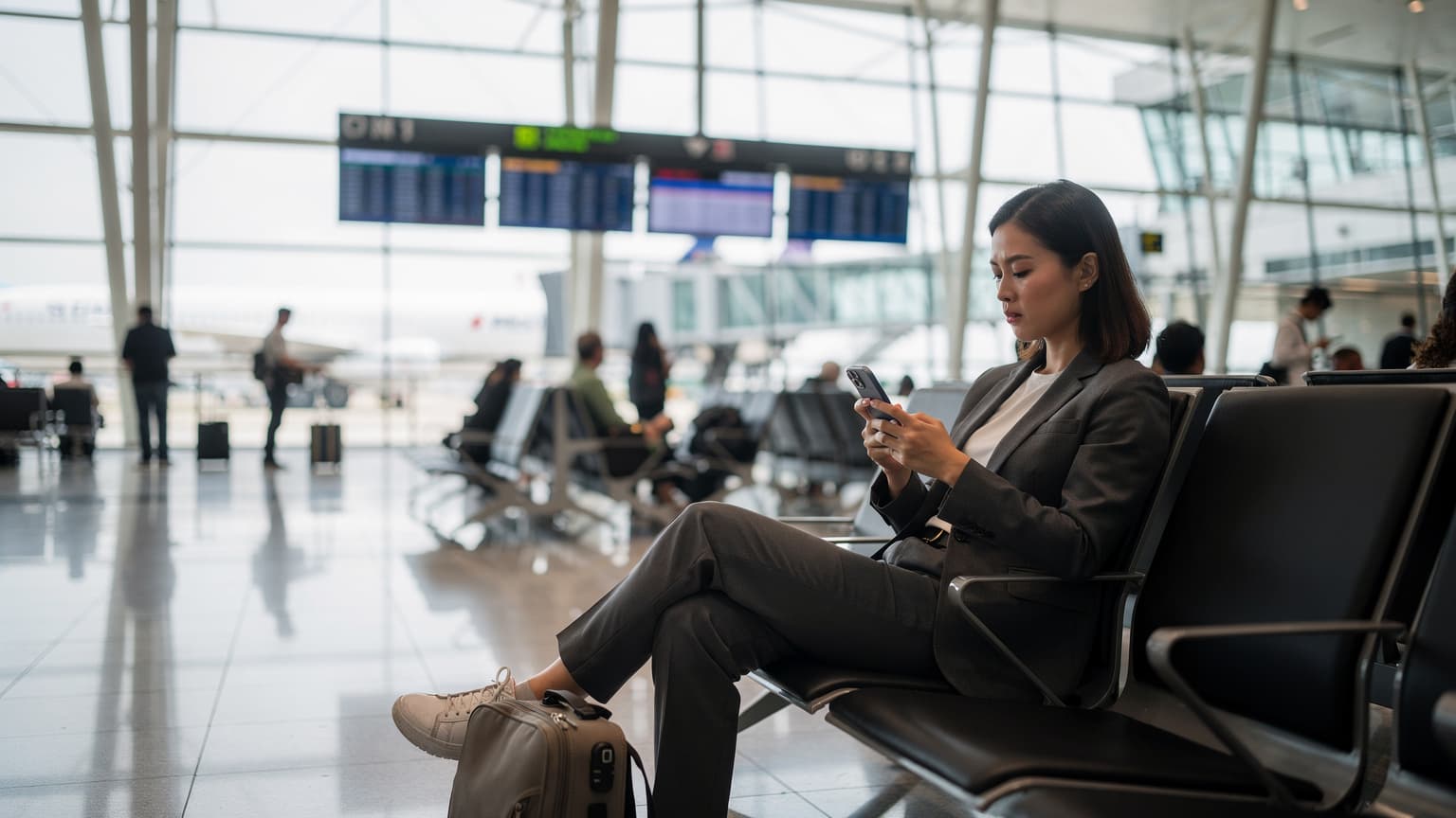 一名旅客在香港國際機場的登機口,手持智能手機查看中國移動 eSIM 的激活頁面,背景是繁忙的候機大廳。