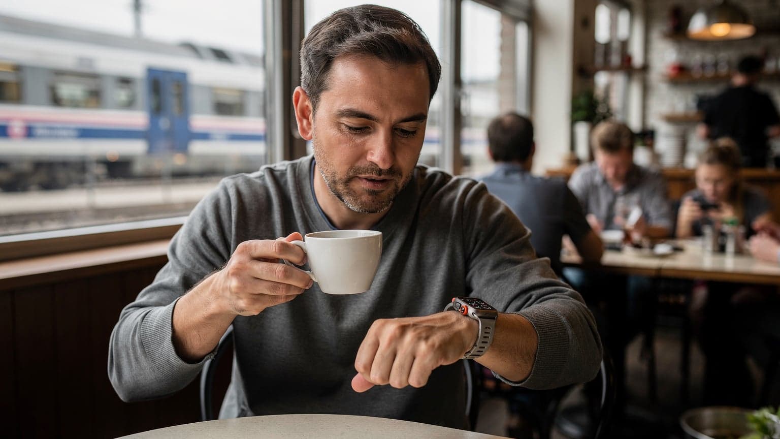 Eine Person mit einer Apple Watch Ultra 3 am Handgelenk, die im Café am Berliner Hauptbahnhof auf die Uhr schaut, während sie einen Kaffee trinkt.