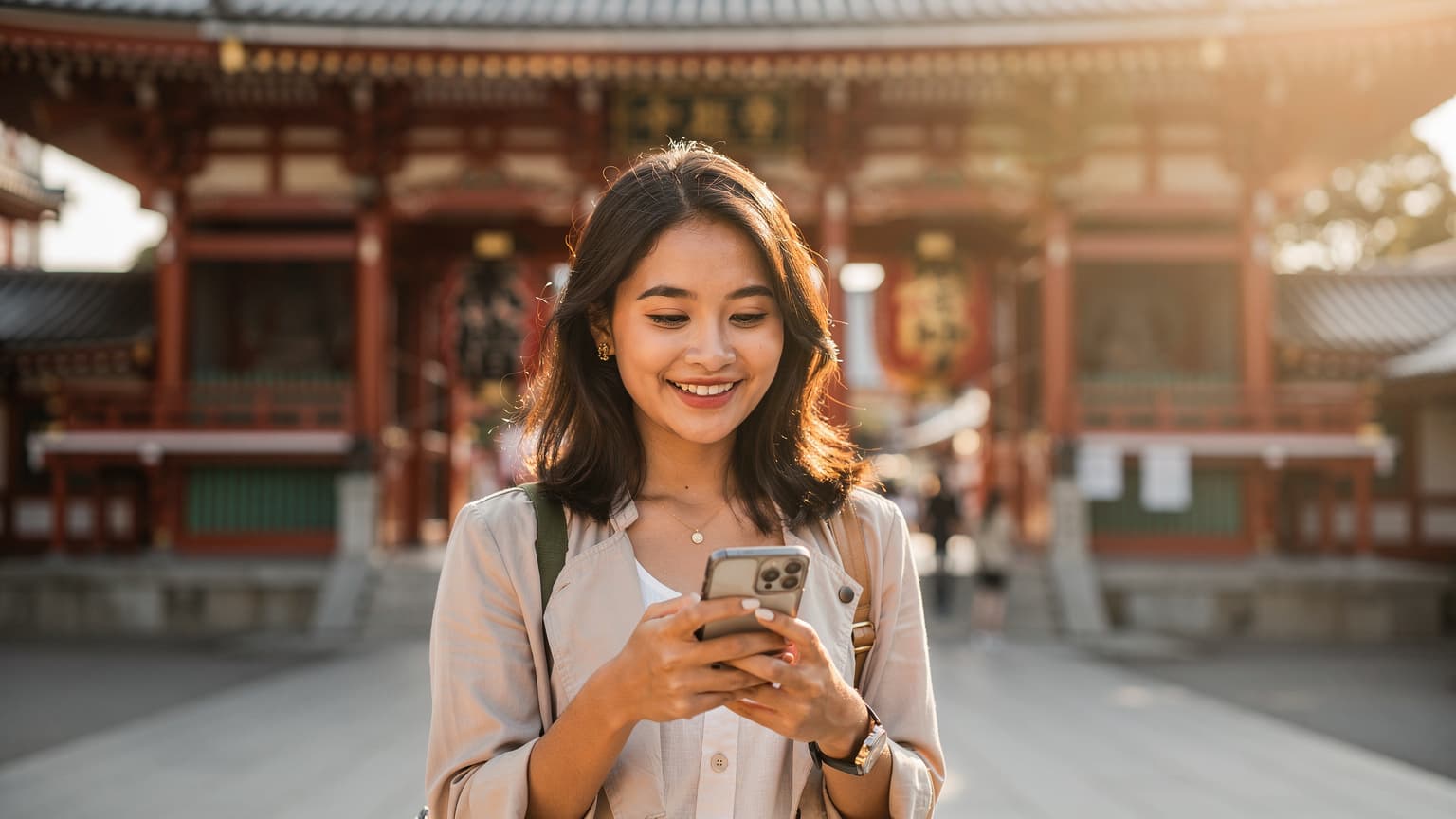 Seorang wanita muda Indonesia sedang tersenyum sambil memegang ponselnya di depan latar belakang Kuil Sensoji di Asakusa, Tokyo, saat matahari terbit. Cahaya keemasan lembut menyinari wajahnya.