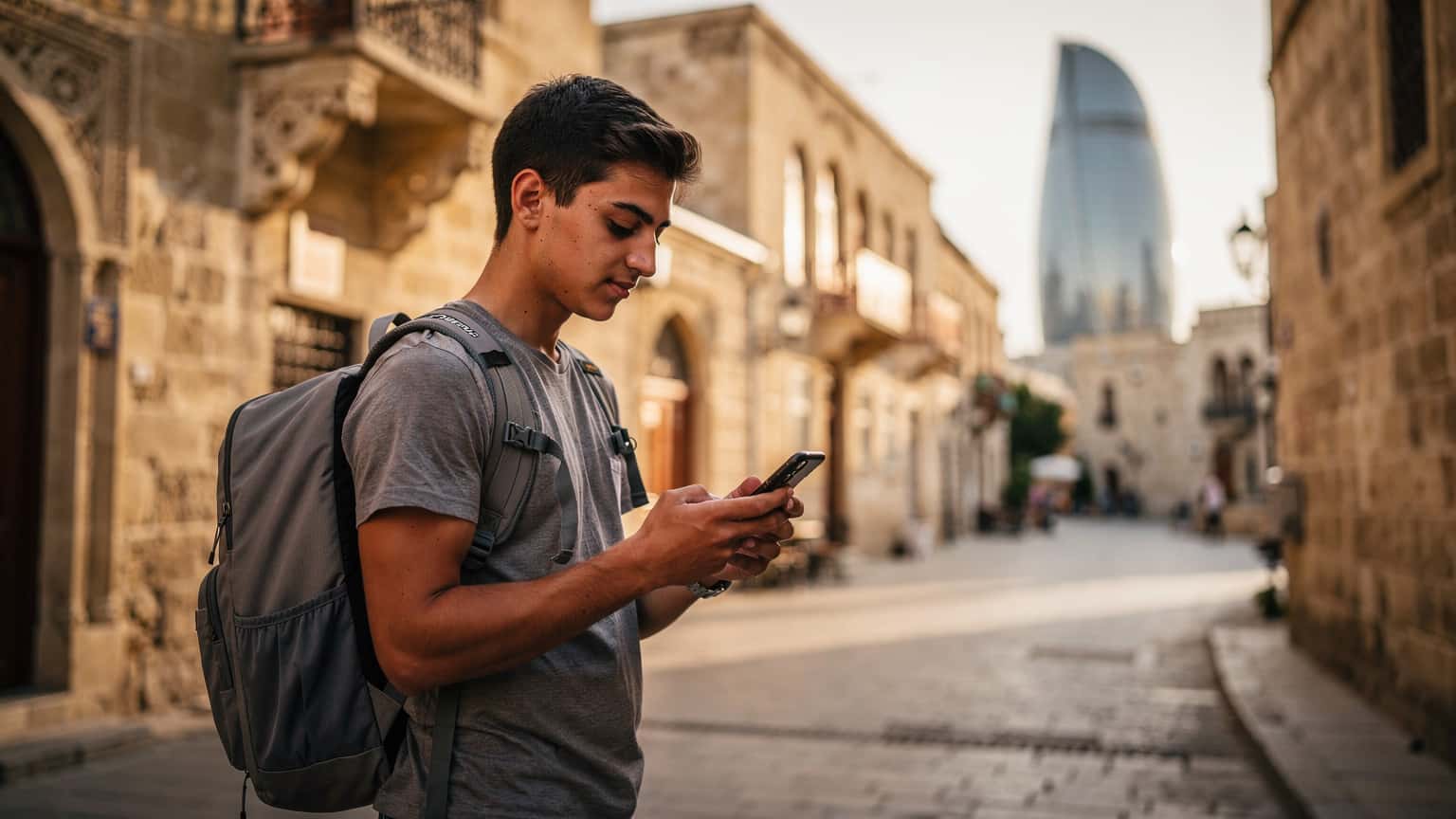 Bakü'nün Içerişehir bölgesinde, tarihi taş binaların arasından yükselen modern Flame Towers'ın gölgesinde, telefonunda Cellesim eSIM profilini etkinleştiren genç bir gezgin.