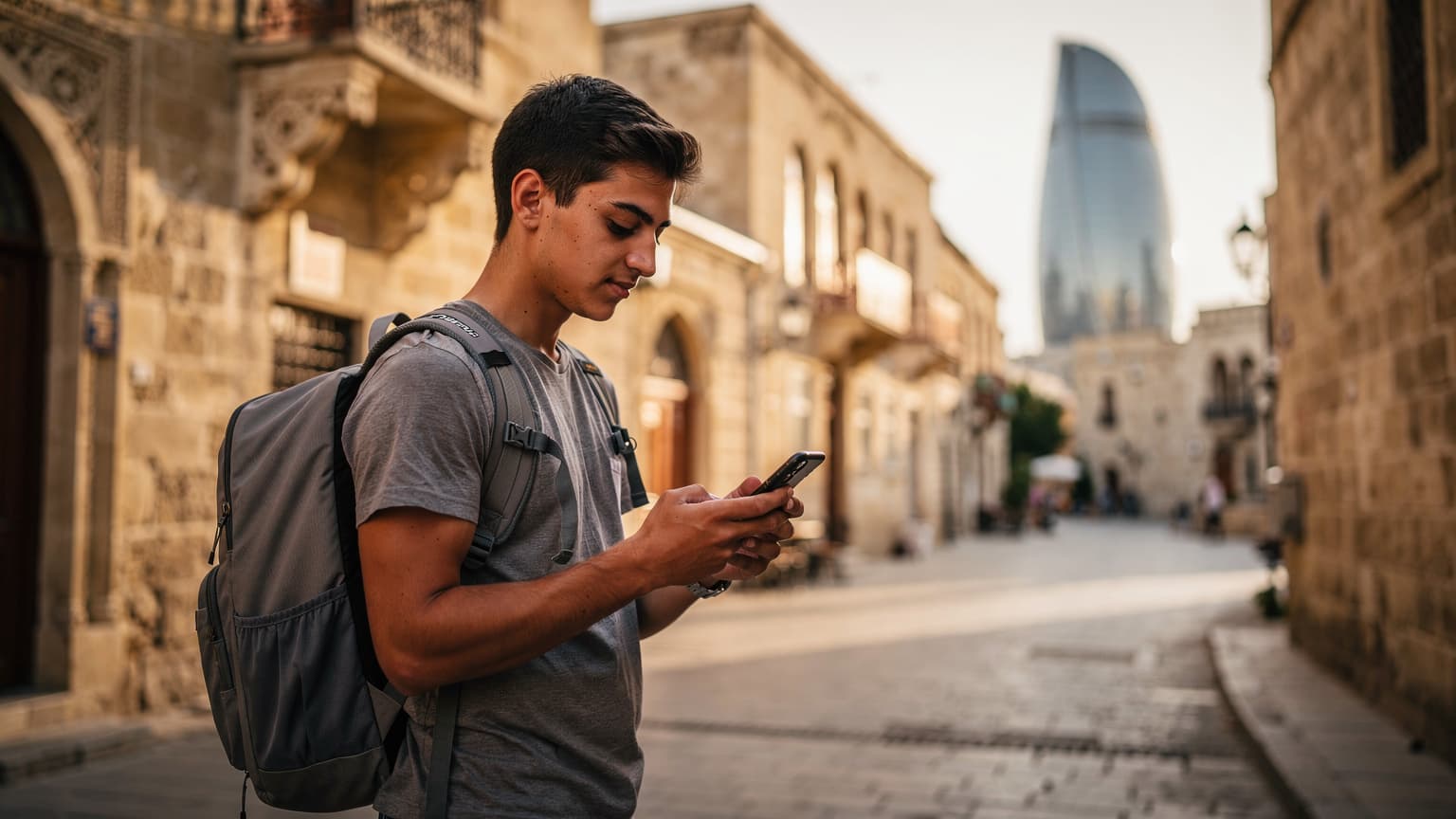 Bakü'nün Içerişehir bölgesinde, tarihi taş binaların arasından yükselen modern Flame Towers'ın gölgesinde, telefonunda Cellesim eSIM profilini etkinleştiren genç bir gezgin.