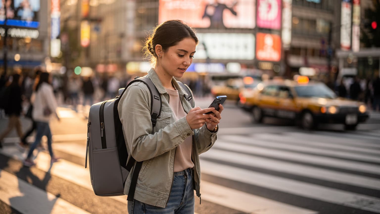 東京の渋谷スクランブル交差点を背景に、スマートフォンでeSIM設定を最終確認する若い旅行者の女性。
