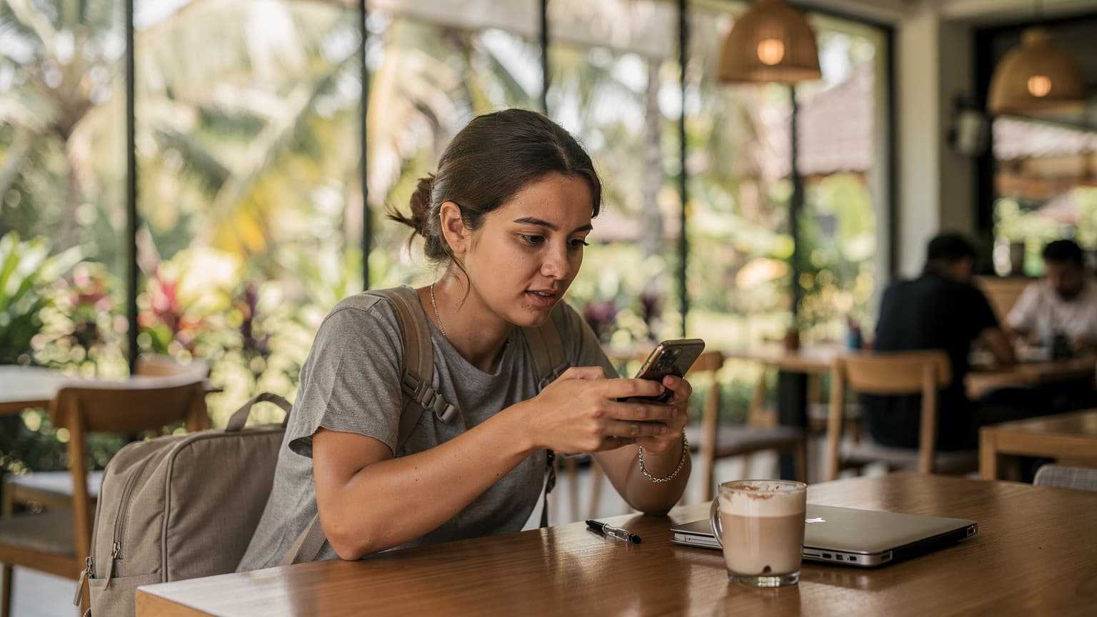 A traveler in a bright co-working space in Canggu, Bali, looking at their phone with a thoughtful expression, a coffee cup nearby.