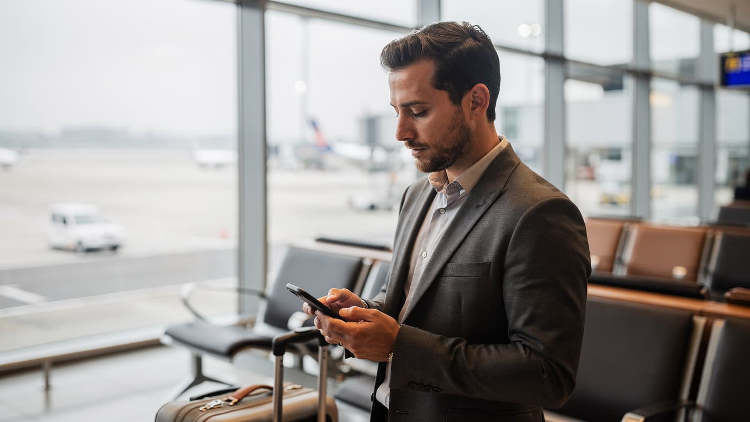 Una persona italiana in un aeroporto di Milano, mentre guarda il suo smartphone per confrontare le offerte eSIM prima di imbarcarsi, con i loghi stilizzati degli operatori italiani sfocati sullo sfondo.