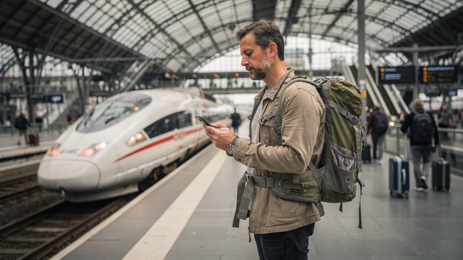 Un voyageur sac à dos vérifie son téléphone pour la couverture réseau Lycamobile eSIM sur le quai d'une gare animée à Berlin, avec un ICE en arrière-plan.
