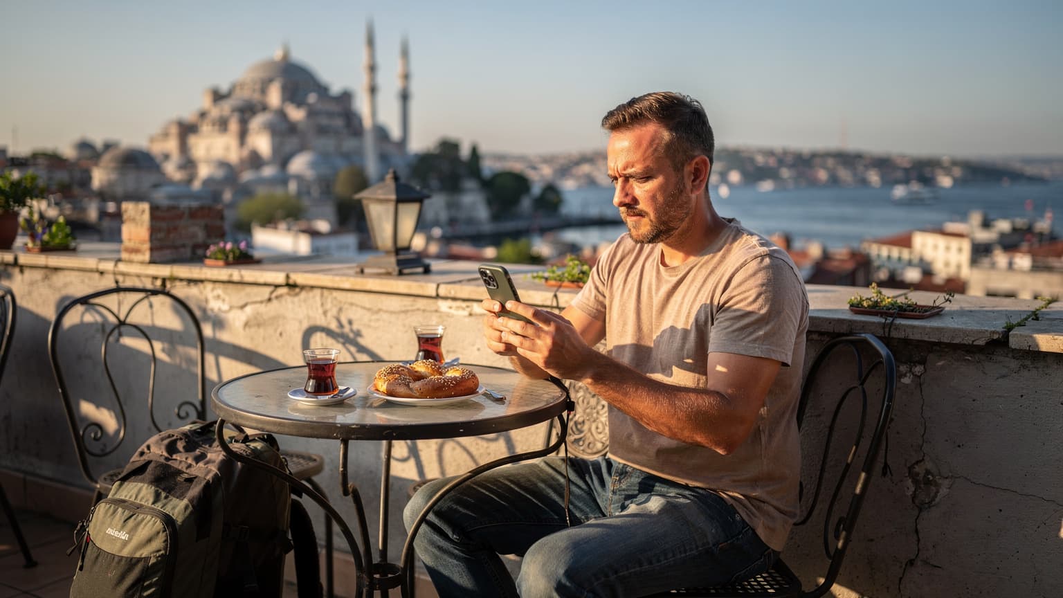 Турист с рюкзаком сидит на террасе старого здания в Стамбуле, смотрит на iPhone 15 Pro Max, на фоне виден Босфор и минареты мечетей, символизируя связь в путешествии.