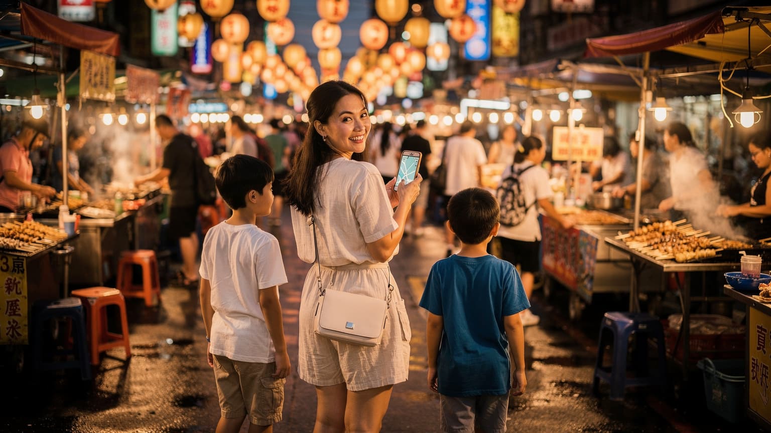 ครอบครัวชาวไทยกำลังเดินเล่นในตลาดกลางคืนชื่อดังที่ไต้หวัน เช่น ตลาดกลางคืนซีหลิน มีคุณแม่กำลังยิ้มและหันมามองกล้องขณะถือโทรศัพท์มือถือที่แสดงแผนที่ ส่วนเด็ก ๆ กำลังตื่นเต้นกับอาหารและบรรยากาศรอบข้าง