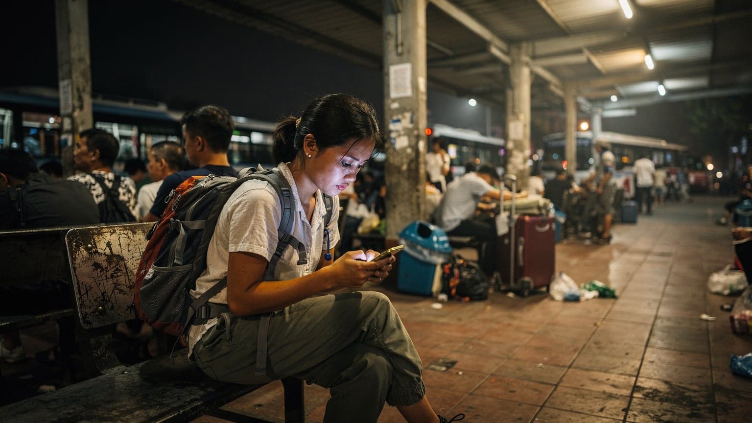 A budget backpacker reviews eSIM data plans on her smartphone while waiting for a night bus at a bustling station in Southeast Asia.