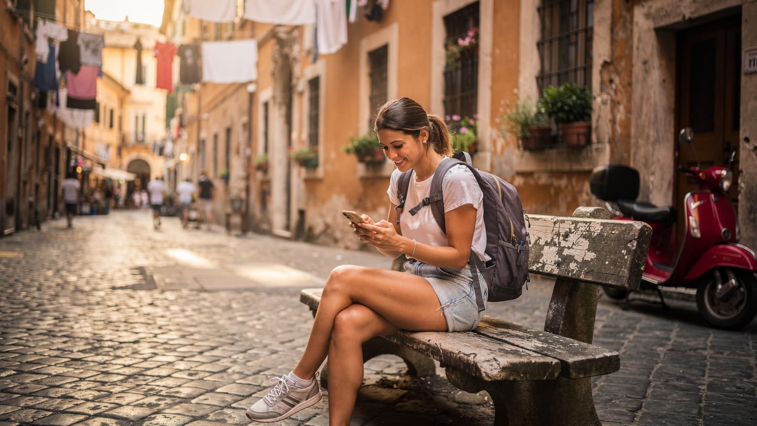 Mladá žena s batohem na zádech sedí na lavičce v rušné ulici Říma, kontroluje si telefon a usmívá se, jako by právě našla Wi-Fi nebo levná data.