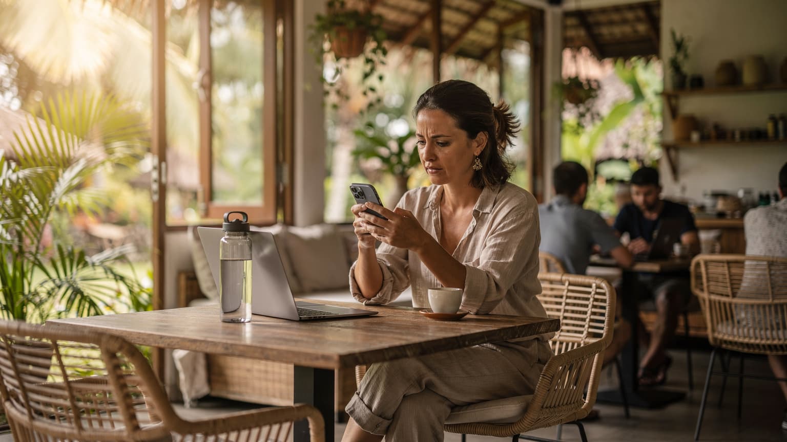 En kvinne med en ryggsekk sitter på en kafé i Ubud, Bali, og stirrer tankefullt på sin smarttelefon, med en tom kaffekopp på bordet foran seg og grønne planter i bakgrunnen.