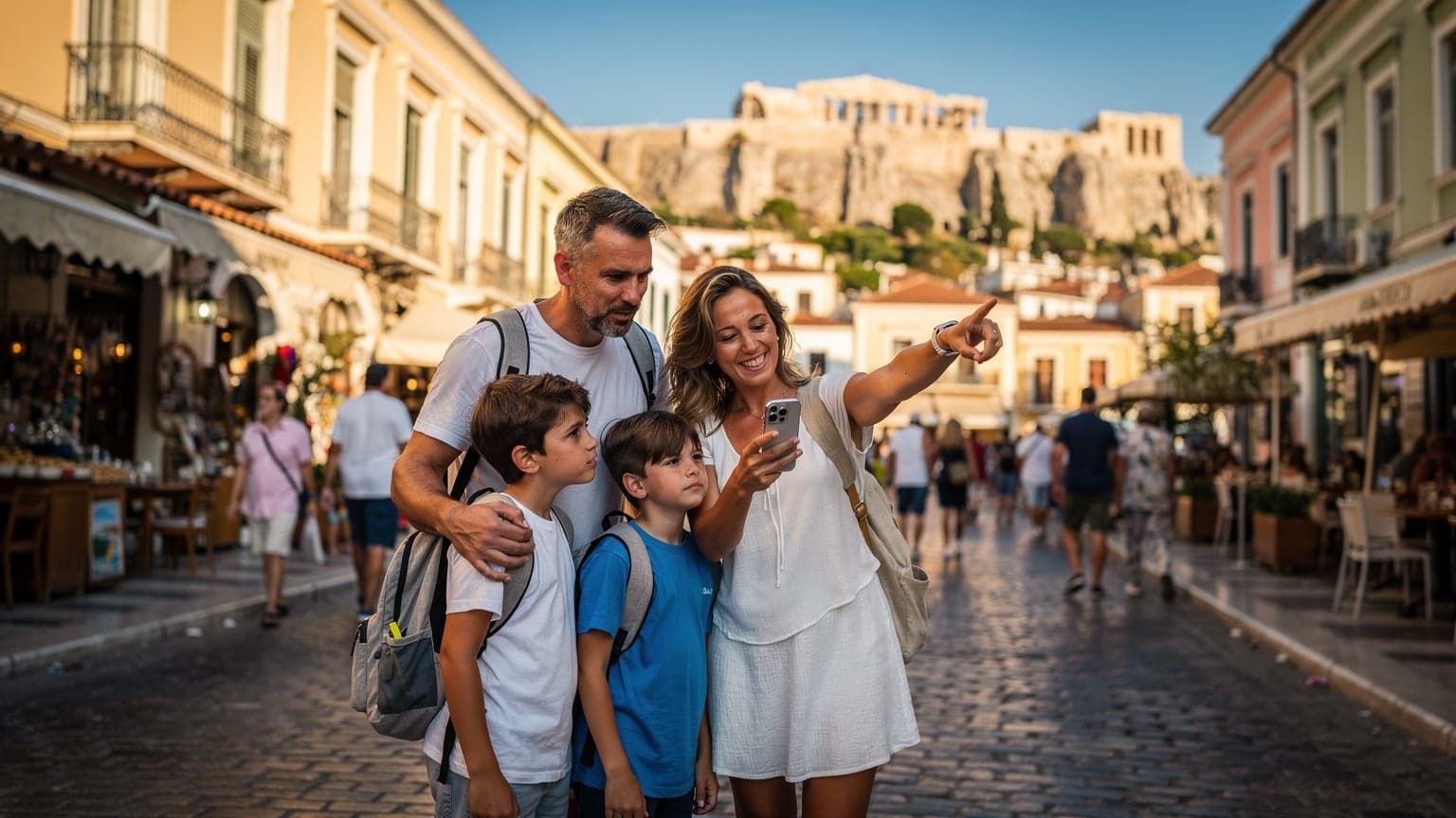 A family, including two children aged 8 and 10, looking at a digital map on a smartphone while standing on a cobbled street in Plaka, Athens, with the Acropolis visible in the background.
