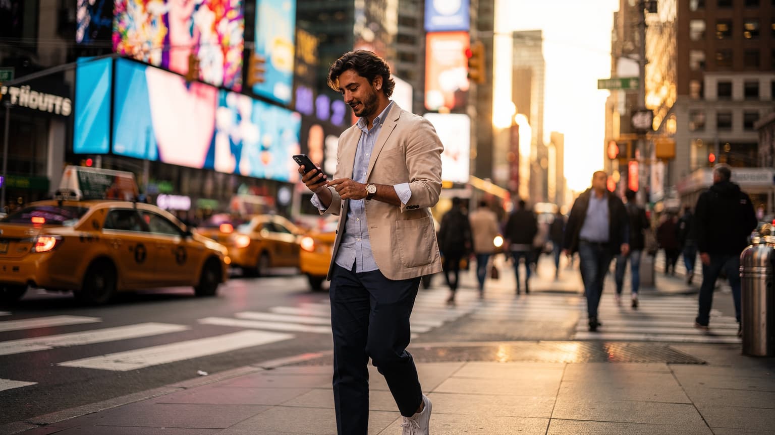 Una persona con uno smartphone in mano consulta una mappa digitale mentre si trova in una affollata piazza di New York, con i taxi gialli e i grattacieli sullo sfondo.
