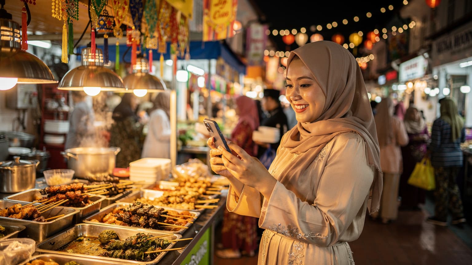 Seorang wanita berkerudung tersenyum sambil memegang ponselnya di tengah keramaian pasar malam di Geylang Serai, Singapura, dengan latar belakang lampu-lampu dekorasi yang meriah.