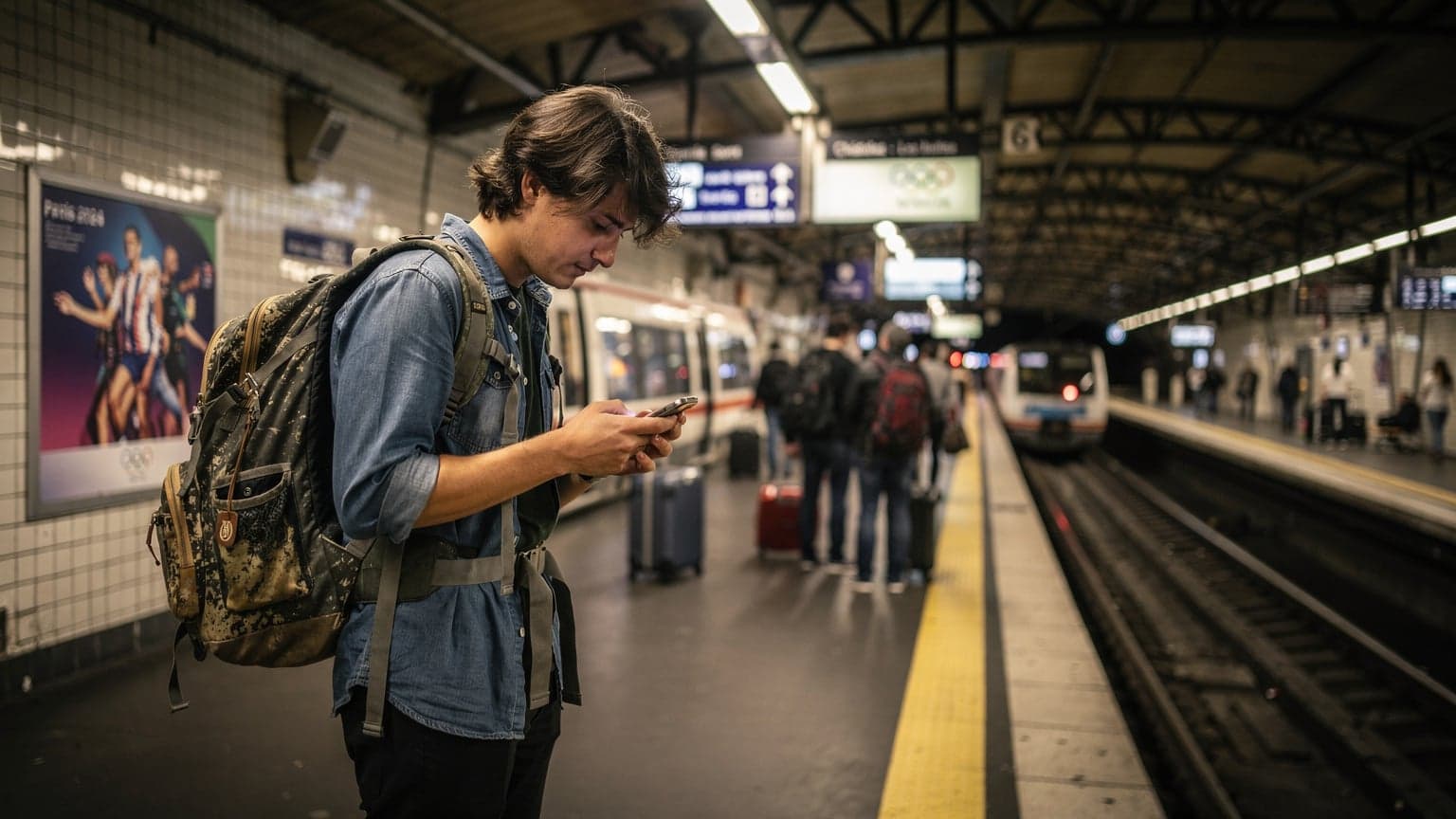 A budget traveler, eyes fixed on their phone screen, navigating the bustling RER train platform at Châtelet-Les Halles station, with a backpack slung over their shoulder, during the Paris 2026 Olympics.