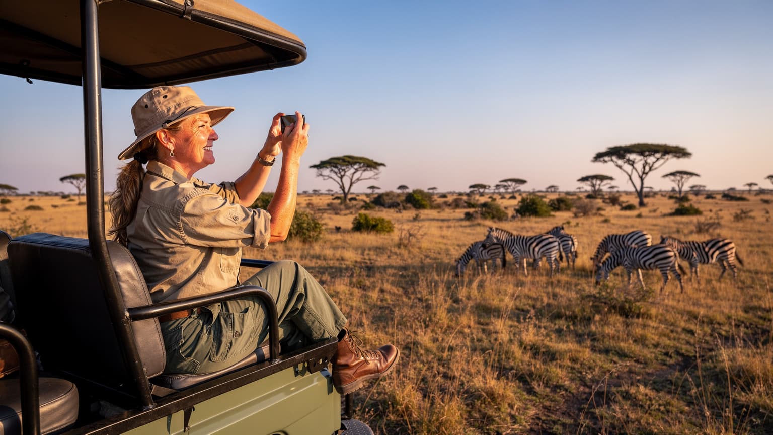 En kvinde sidder i en safaribil ved solopgang i Serengeti, holder sin smartphone og tager billeder af en flok zebraer, med et smil på læberne.