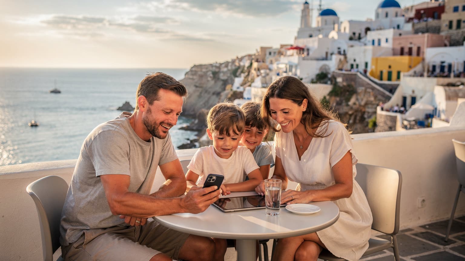 Une famille avec deux enfants, un garçon et une fille, souriante, regardant une tablette tandis que les parents consultent un smartphone, sur une terrasse ensoleillée surplombant la mer Égée en Grèce, avec des maisons blanchies à la chaux en arrière-plan.