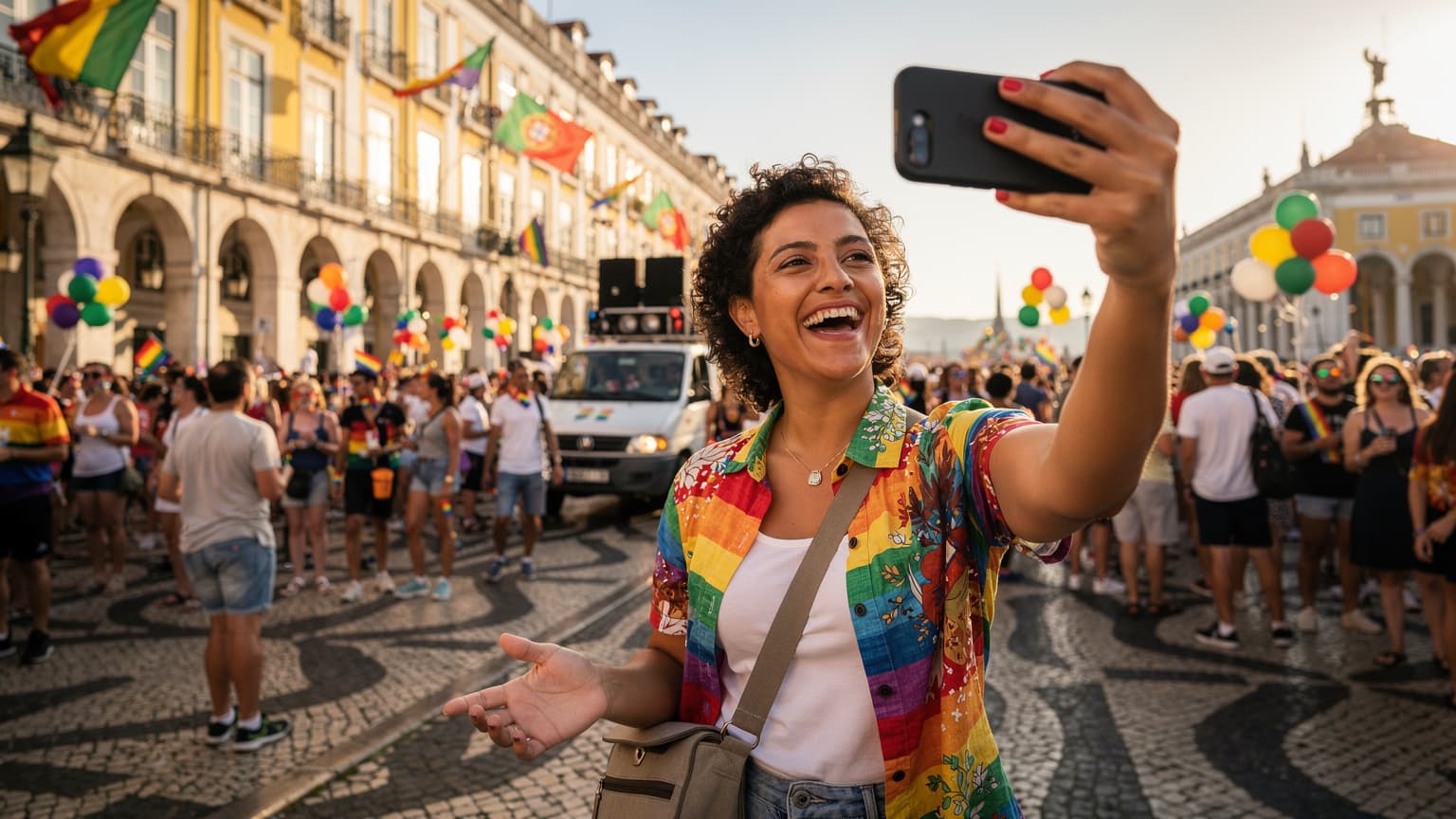 Uma pessoa animada no meio da multidão vibrante do Arraial Pride em Lisboa, segurando um smartphone para capturar a atmosfera festiva.
