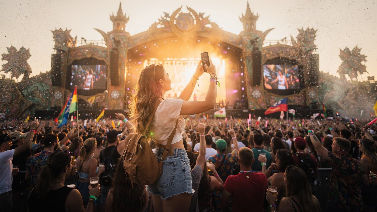 Жінка з рюкзаком і смартфоном в руці, дивлячись на сцену фестивалю Tomorrowland у Бельгії, на заході сонця, з тисячами людей навколо.