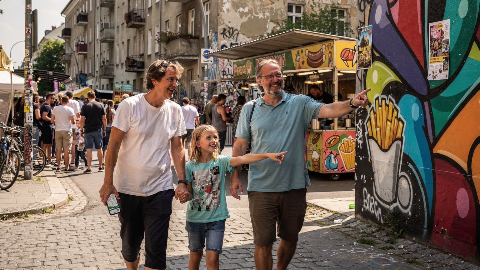 En familj med två vuxna och två barn, cirka 8 och 10 år gamla, går hand i hand genom en pulserande sommarfestival i Berlin. Barnen pekar entusiastiskt på en färgglad gatukonstinstallation medan föräldrarna ler, en av dem håller diskret en telefon med en stadskarta synlig. Bakgrunden är full av människor, matstånd och ljusa banderoller under en klarblå himmel.