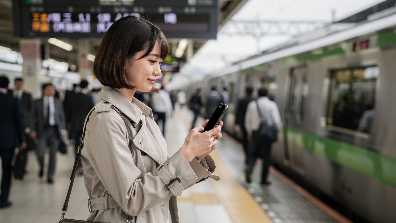東京の新宿駅前で、最新のiPhone 18を手にした若い女性が、電車の出発時刻を確認している様子。