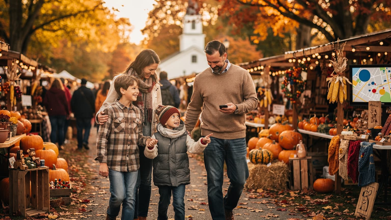 A family, including two children, enjoying a fall festival with colourful leaves and a food stall in the background, a parent checking their phone for directions.