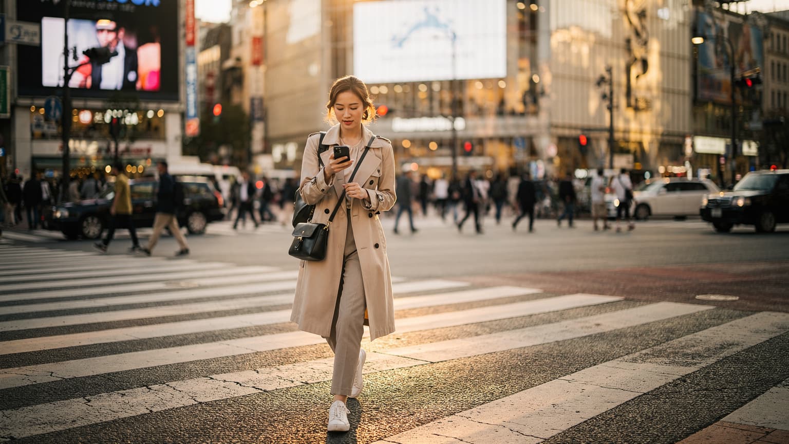 Tokyo'nun Shibuya Kavşağı'nda elinde akıllı telefonuyla kalabalık içinde yürüyen genç bir kadın, ekranına bakarak bir şeyler kontrol ediyor.