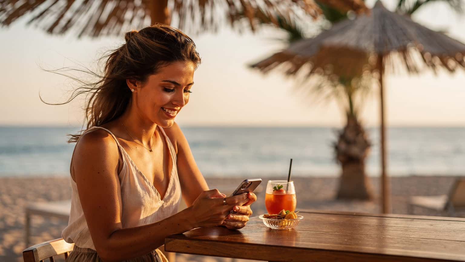 Una mujer sonriente consulta su móvil en una playa de Mallorca al atardecer, con aguas turquesas y palmeras de fondo.