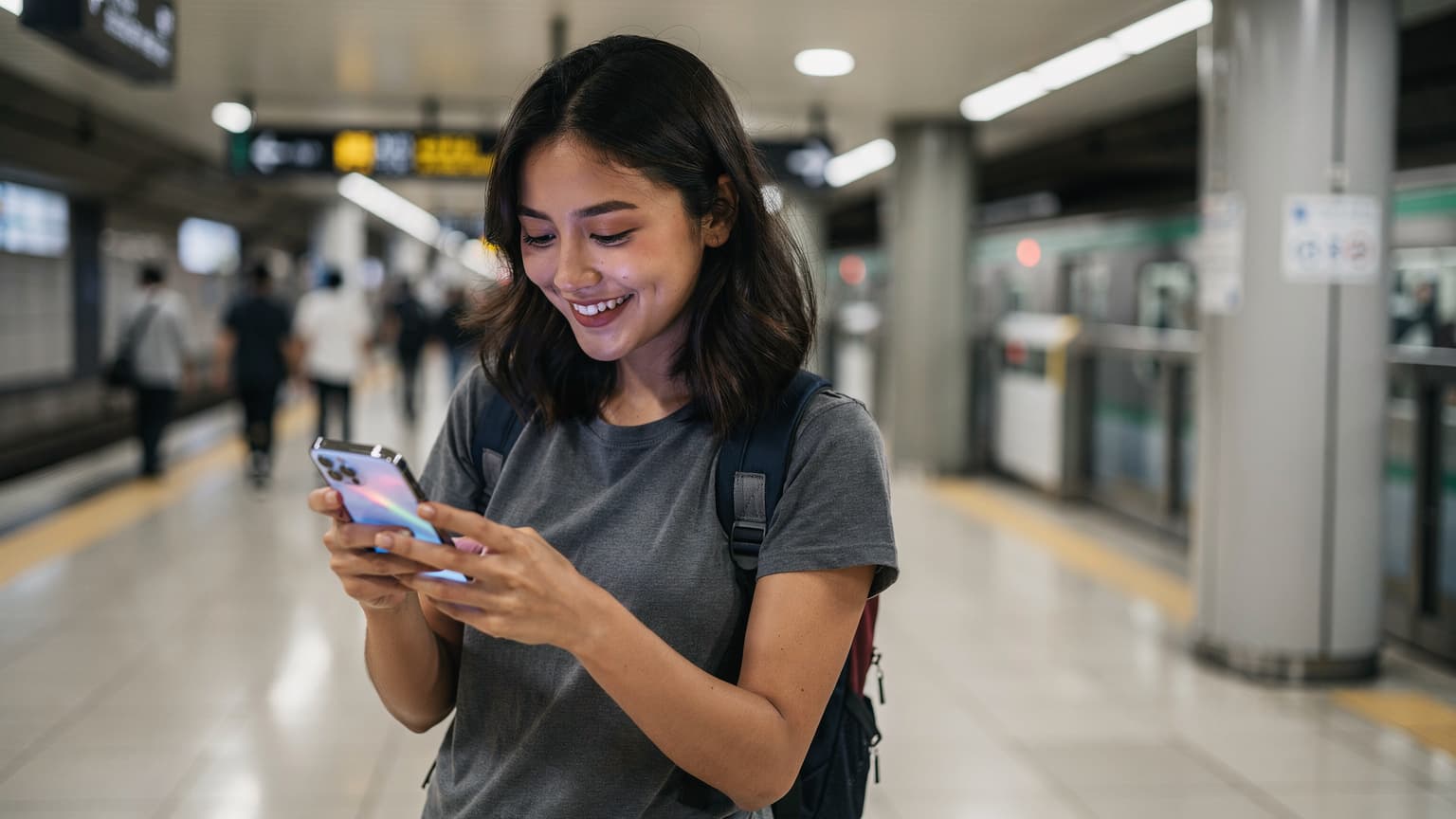 หญิงสาวกำลังใช้ iPhone 18 Pro Max ของเธอเพื่อตรวจสอบแผนที่บนสถานีรถไฟใต้ดินที่สะอาดและทันสมัยในกรุงโซล โดยมีผู้คนสัญจรไปมาอยู่เบื้องหลัง