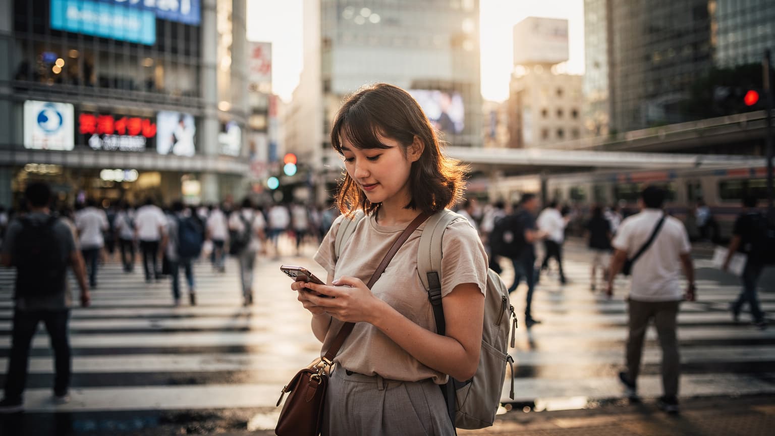 東京の新宿駅前でスマートフォンを見ながら立ち止まっている若い日本人旅行者の女性。背景には高層ビル群が広がり、夕暮れ時の忙しい都市の光が輝いている。