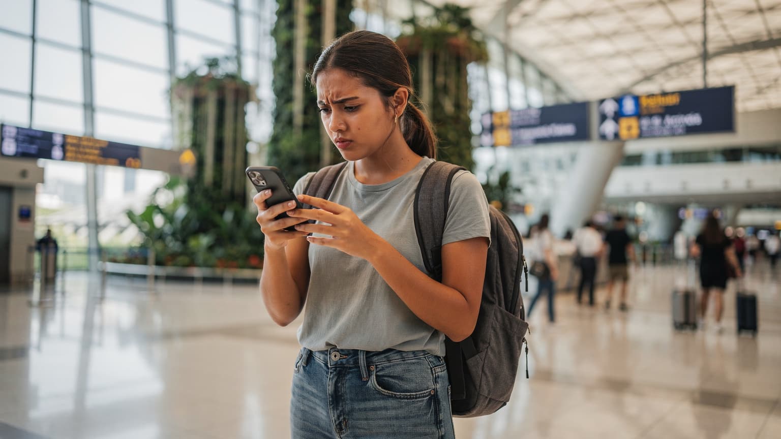 Seorang wanita muda dengan ransel sedang memeriksa ponselnya di Bandara Internasional Changi Singapura, memastikan koneksi eSIM-nya siap untuk perjalanan selanjutnya.
