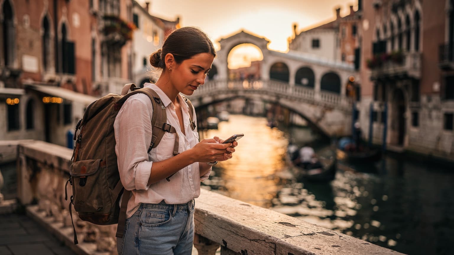 Una giovane donna con uno zaino da trekking consulta il suo smartphone su un ponte di Venezia durante il tramonto di Ferragosto, con gondole in sottofondo.