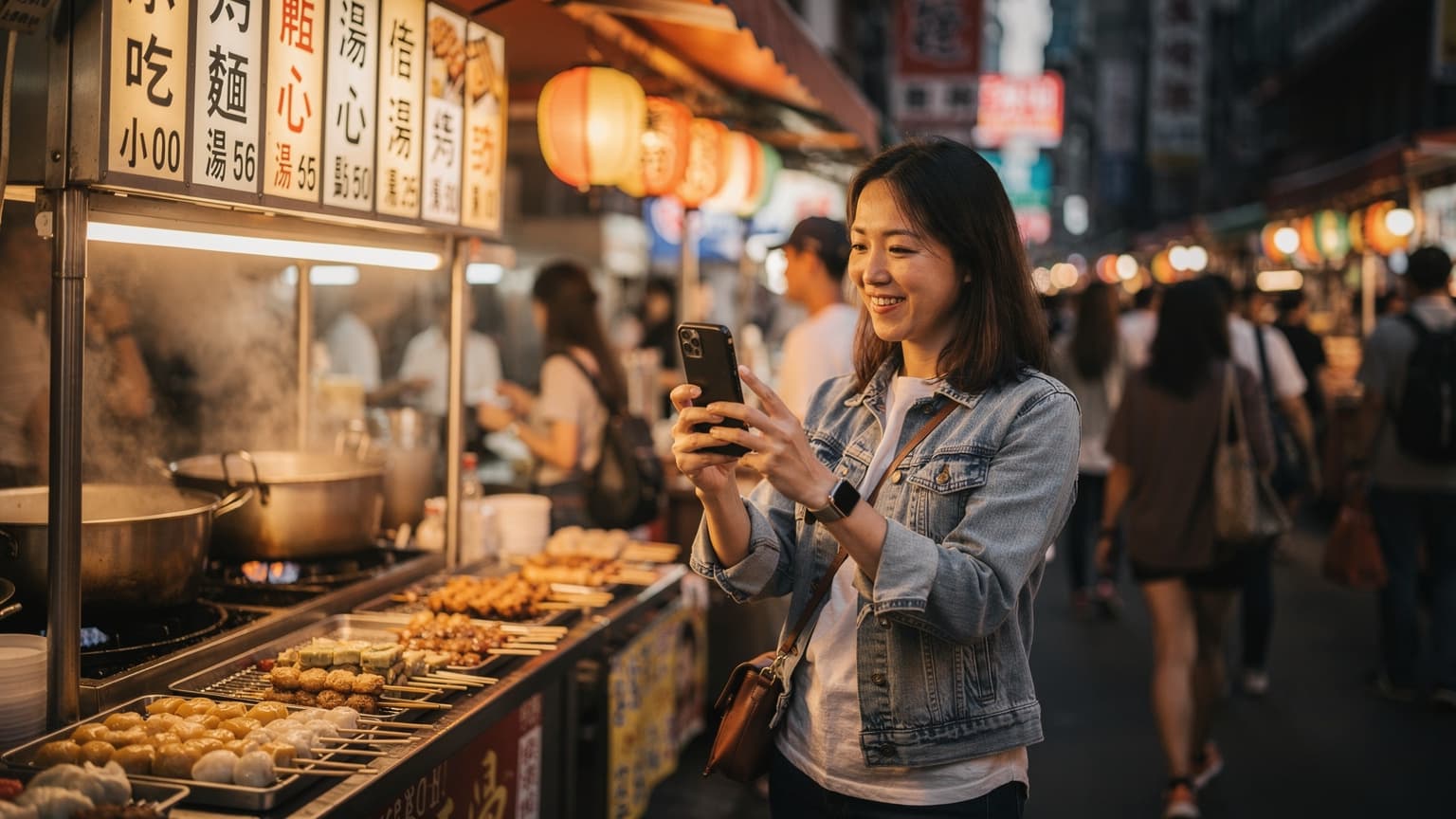 台北の賑やかな士林夜市で、スマートフォンを片手に屋台のメニューを笑顔で撮影する日本人旅行者。