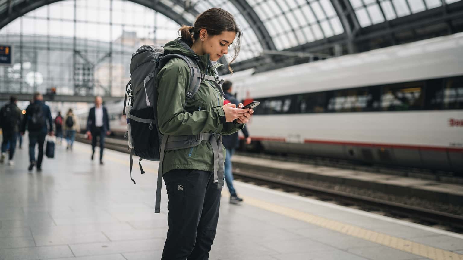 Eine junge Frau mit Rucksack und Smartphone navigiert an einem geschäftigen Bahnhof in Berlin-Mitte, während sie auf einen Zug wartet.