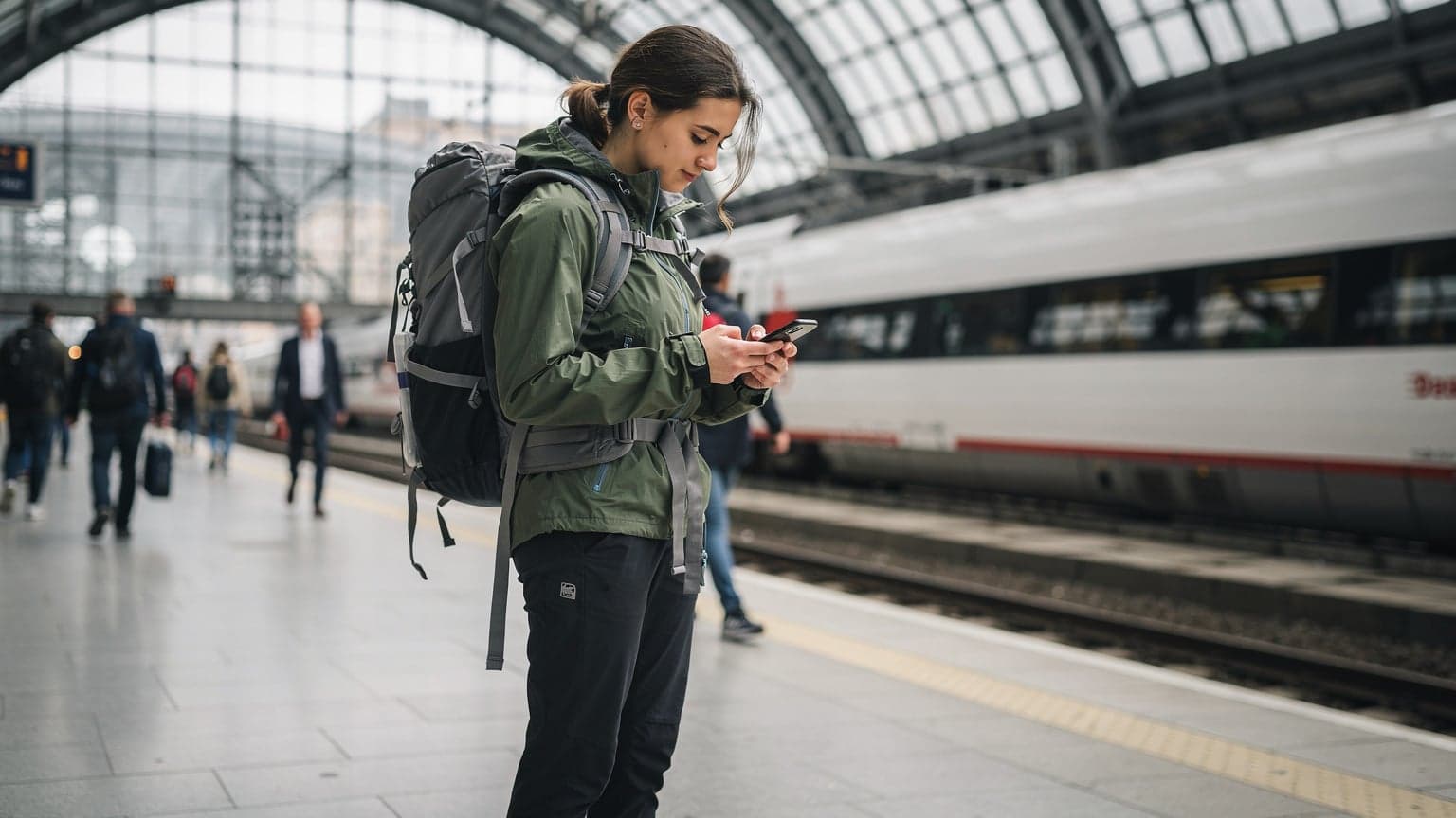 Eine junge Frau mit Rucksack und Smartphone navigiert an einem geschäftigen Bahnhof in Berlin-Mitte, während sie auf einen Zug wartet.