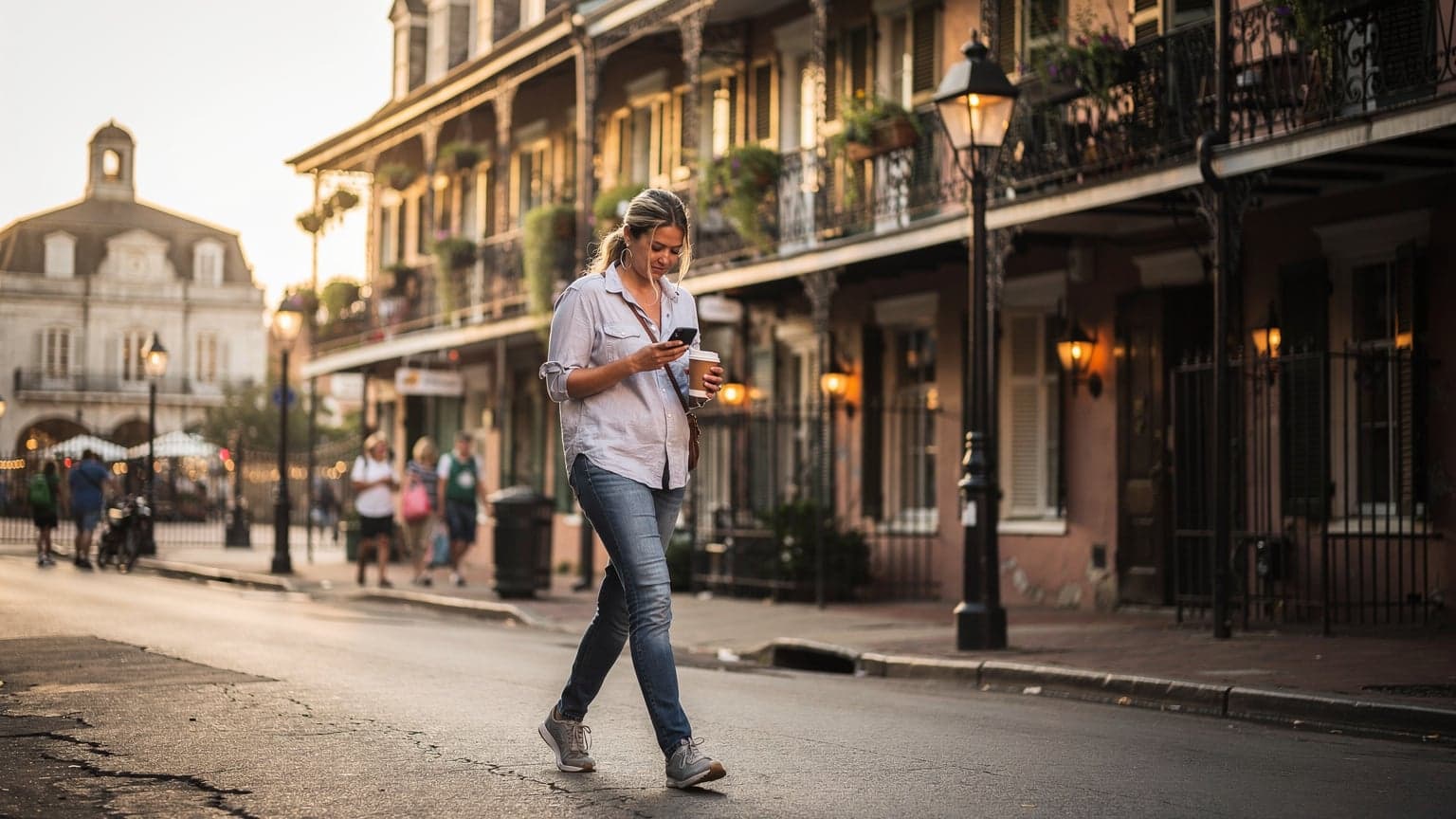 A woman confidently uses her phone for navigation while walking through the vibrant streets of New Orleans' French Quarter, surrounded by historic buildings and lively street performers.