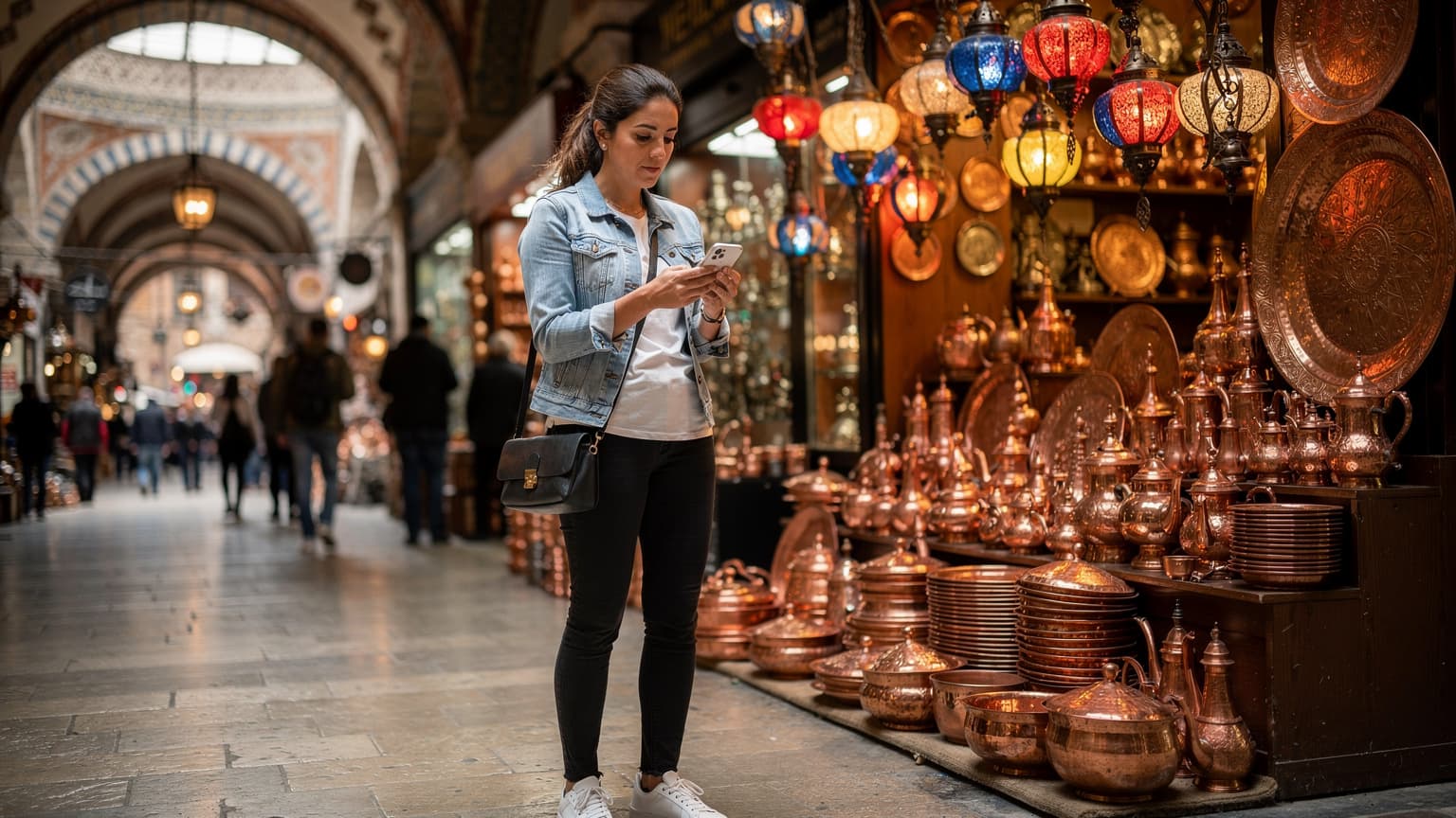 İstanbul'un hareketli Kapalıçarşı'sında, geleneksel bir bakır dükkanının önünde, bir kadın elinde akıllı telefonuyla yol tarifi bakıyor, etrafında turistler ve yerel halk alışveriş yapıyor.