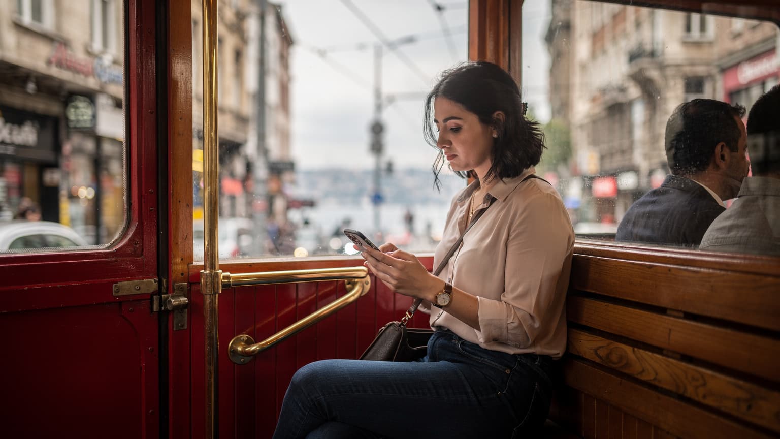 İstanbul'da tarihi bir tramvayın içinde, genç bir kadın telefonunda Cellesim uygulamasını kullanarak eSIM etkinleştiriyor, dışarıda hareketli sokak manzarası var.