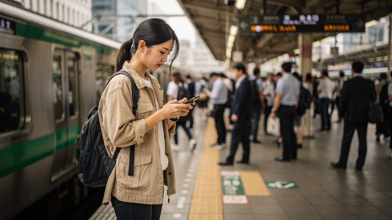 一名旅客在東京新宿站月台上,手持 iPhone 查看 eSIM 設置,背景是繁忙的列車與行人。