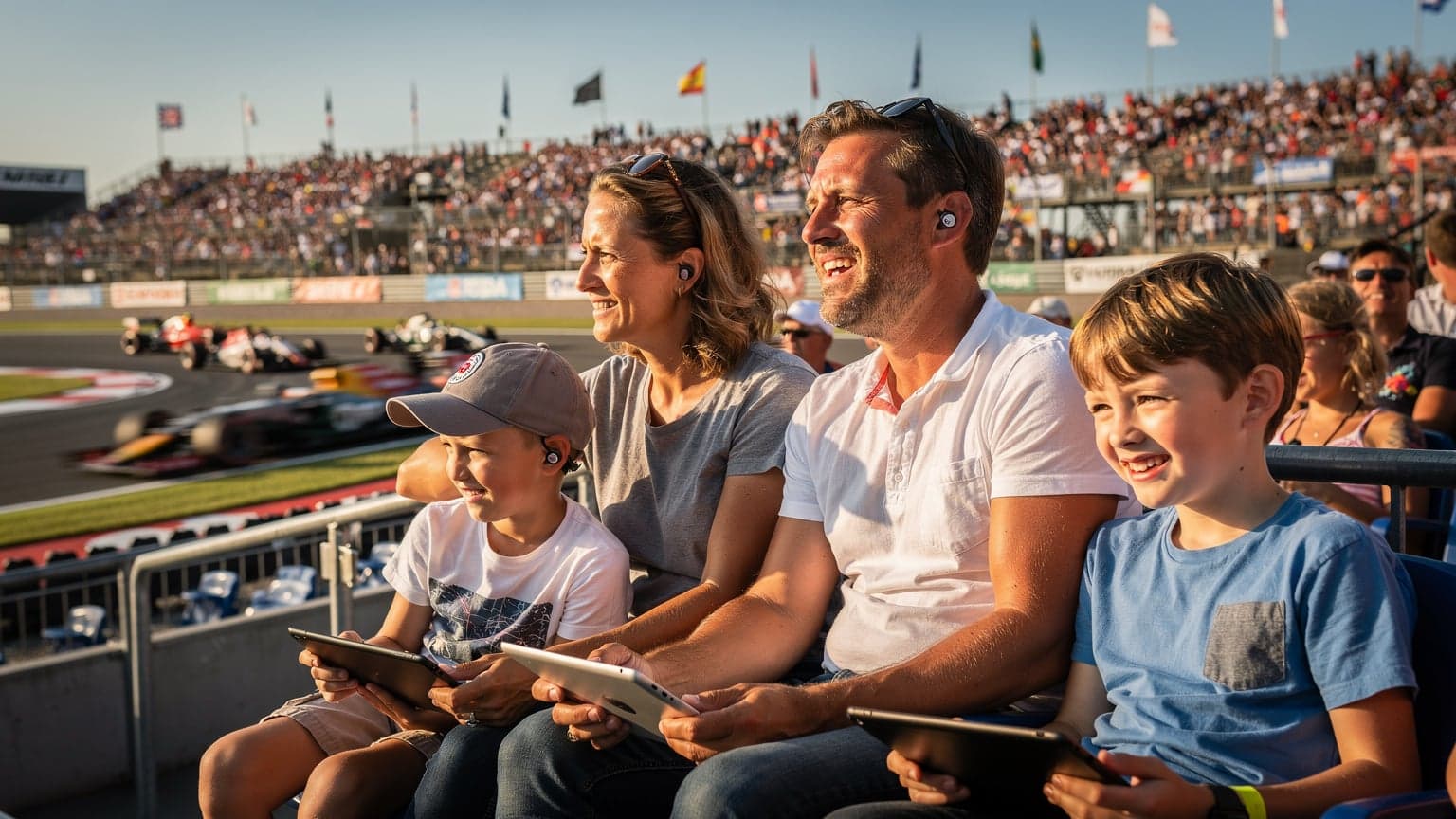 Een familie met twee kinderen, een jongen en een meisje, zit op een tribune bij het Formule 1 circuit in Zandvoort, de volwassenen kijken naar de race terwijl de kinderen bezig zijn met hun tablets en lachend kijken naar hun ouders, op de achtergrond zijn de raceauto's en het publiek te zien.
