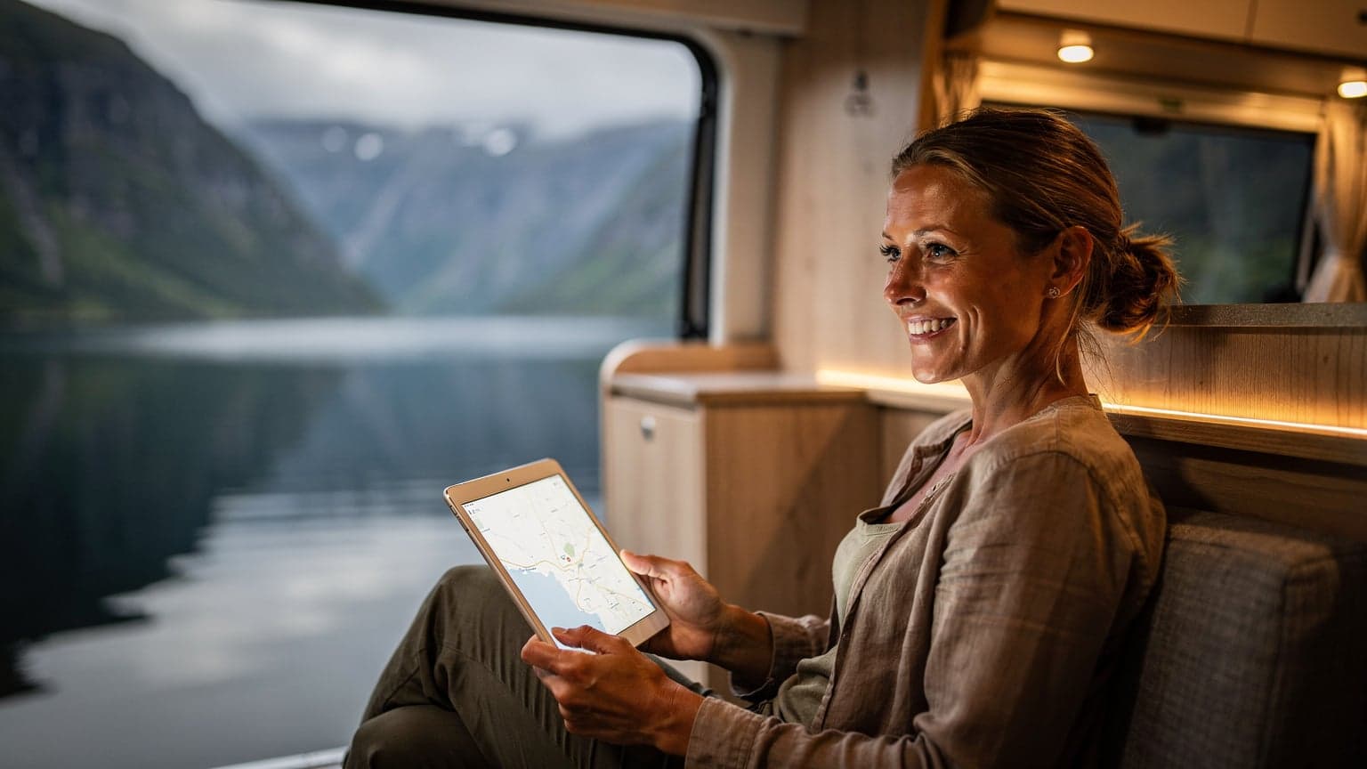 Kobieta siedząca w kamperze, patrząca przez okno na norweski fiord, z tabletem w dłoni, planując trasę z pomocą eSIM.