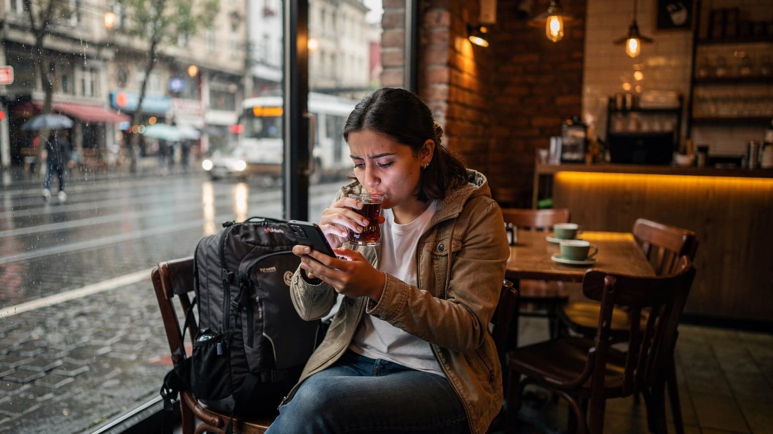 Bir genç kadın İstanbul'daki bir kafede kahve yudumlarken akıllı telefonunda eSIM kurulum adımlarını kontrol ediyor, dışarıda yağmur yağıyor.